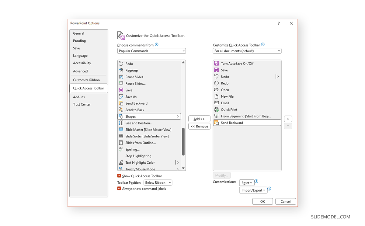 Customize Quick Access toolbar in PowerPoint