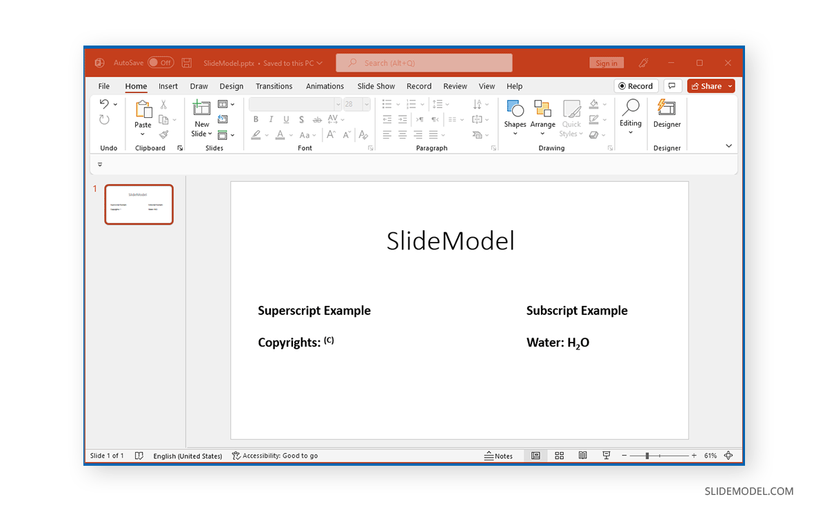 Example of using superscript and subscript in PowerPoint