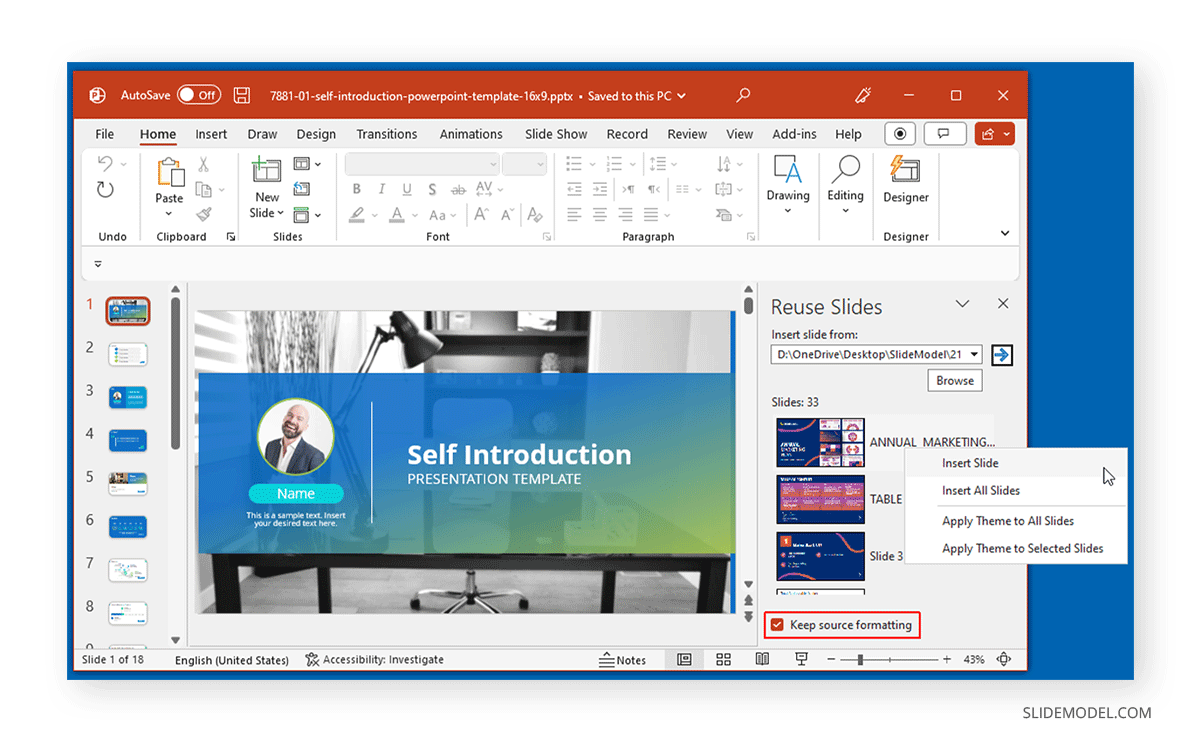 Insert slide to reuse in PowerPoint presentation