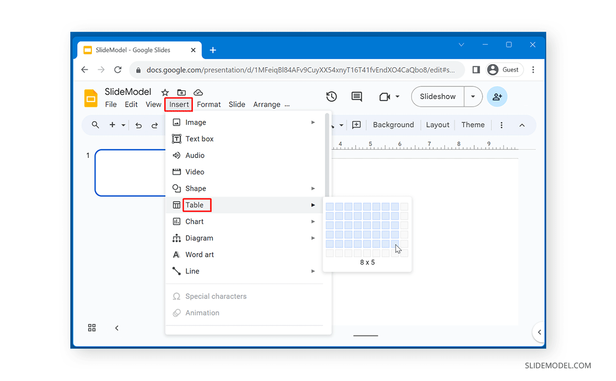 Insert table with columns in Google Slides