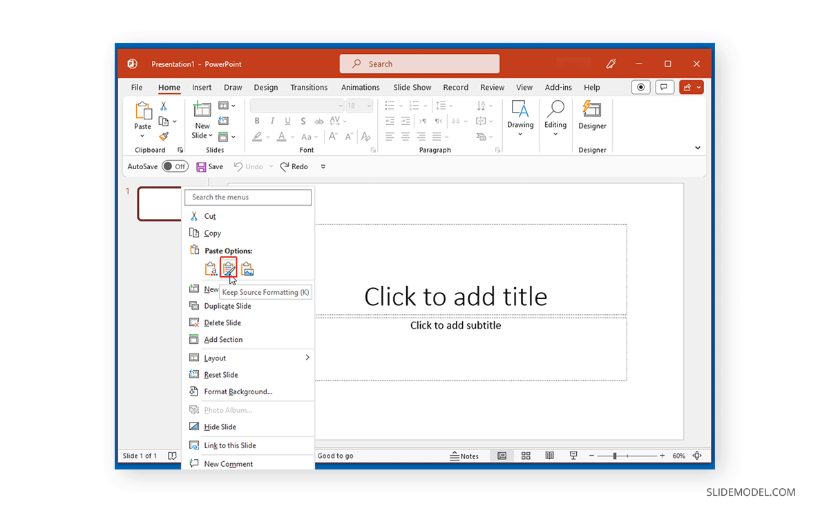 Paste copied files to a new PowerPoint file