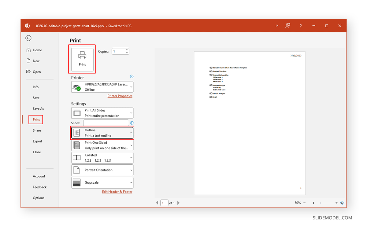 print a presentation in outline view