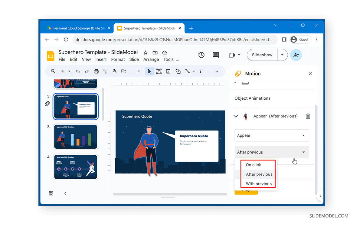 Run animation options in Google Slides