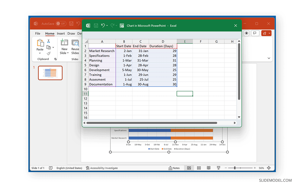 Select and set the information for a Gantt chart timeline in PowerPoint