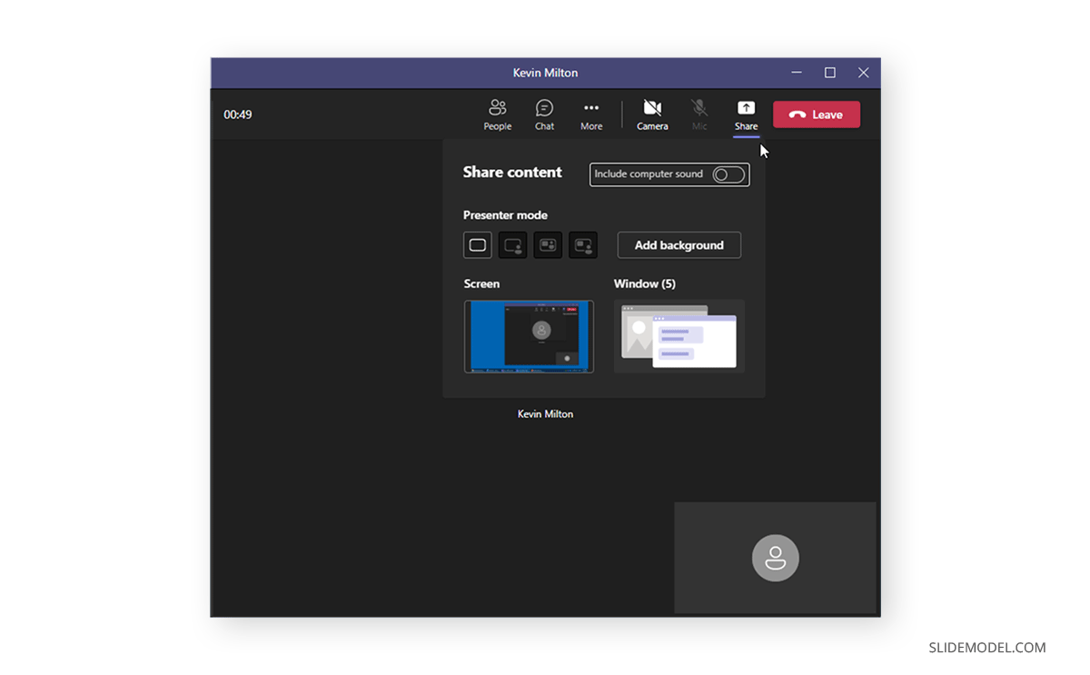 Locating the share screen button for Microsoft Teams videocalls