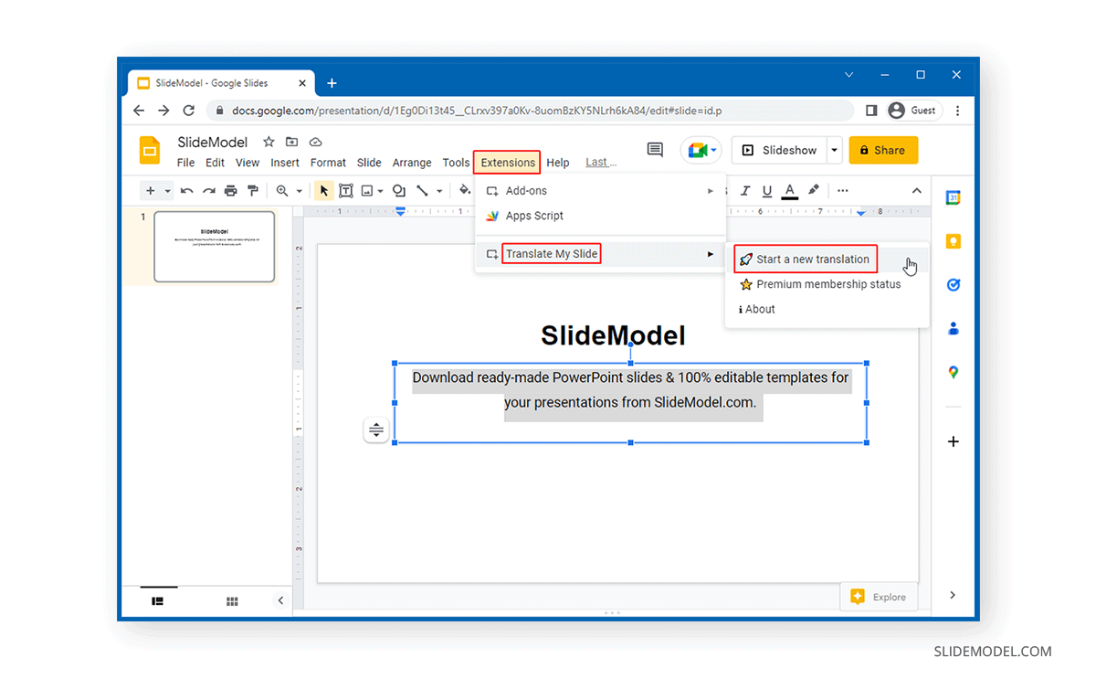 Start new translation in Google Slides