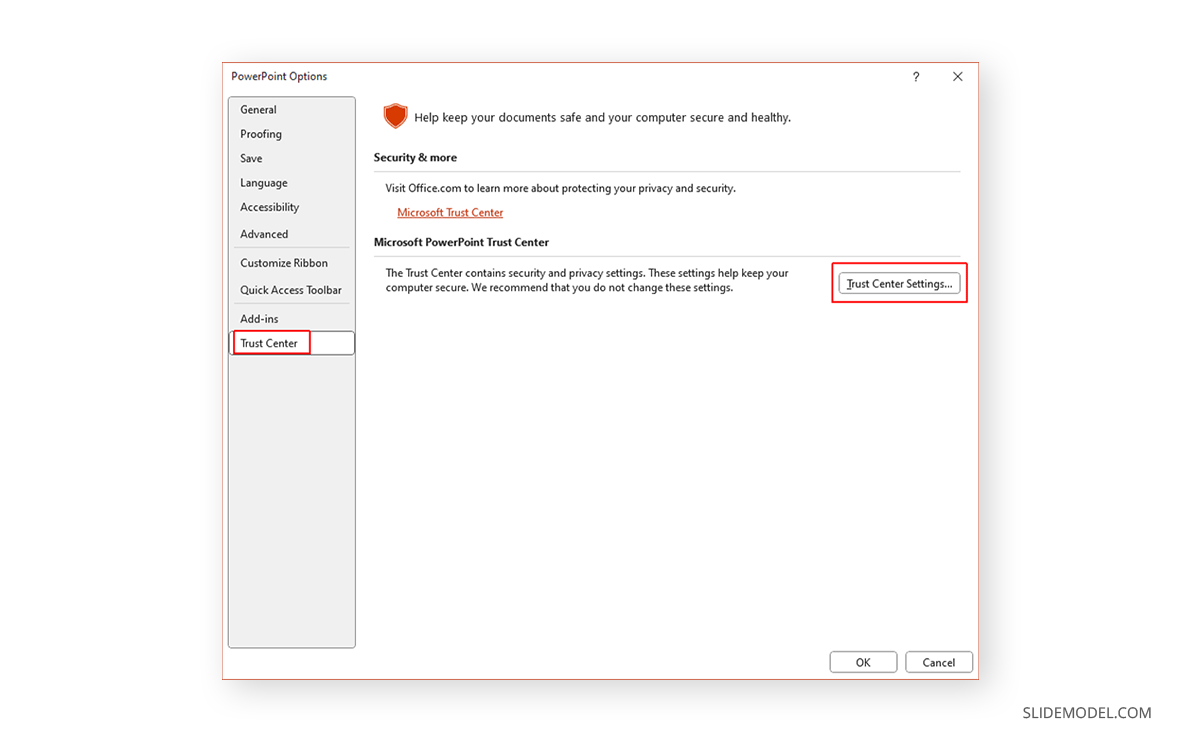 Locating Trust Center Settings in PowerPoint