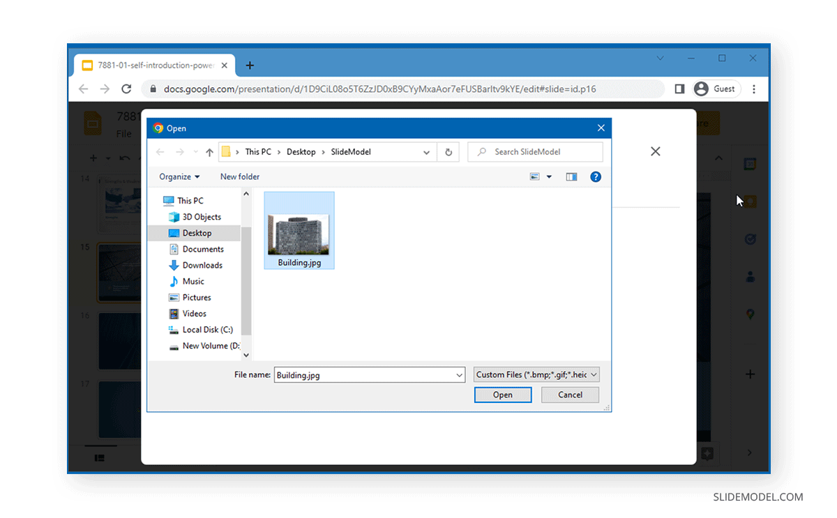 Uploading a background image from our computer into Google Slides