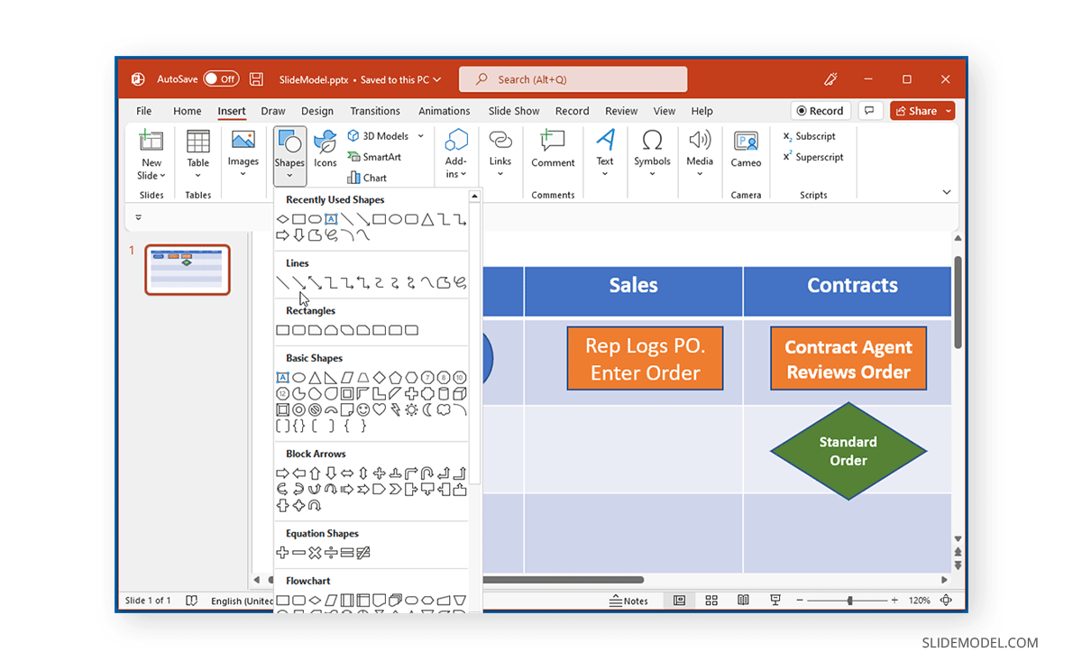 Adding the flowlines to a swimlane diagram in PowerPoint