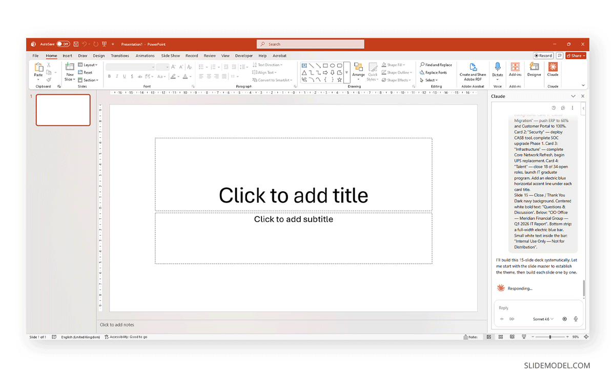 Giving Claude a detailed prompt to create a 15-slide deck from a blank slide