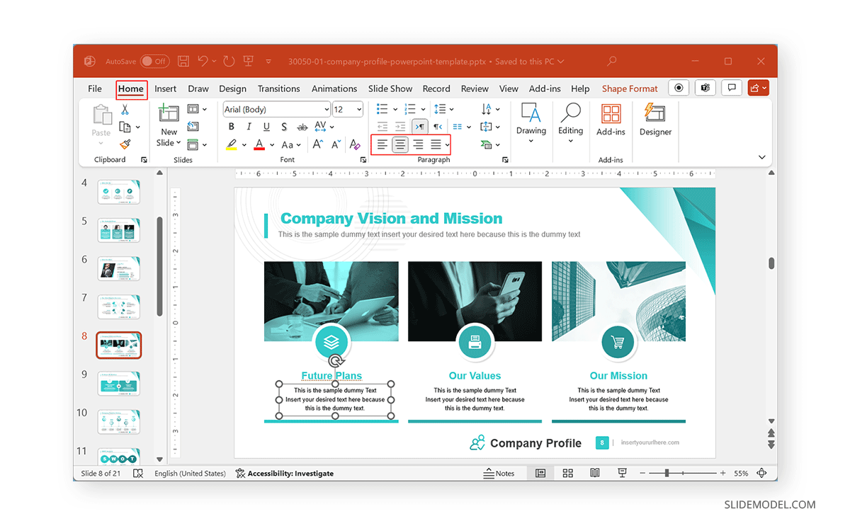Text box alignment from the Home Tab in PowerPoint