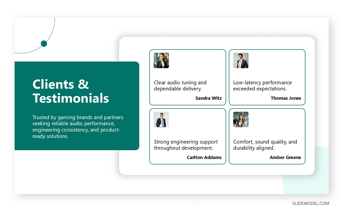Clients and testimonial slide in capabilities PPT deck