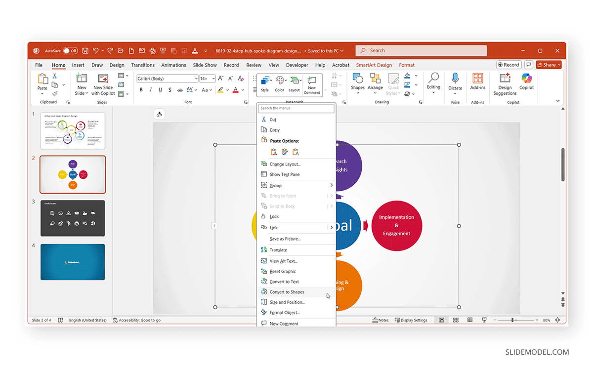 Converting SmartArt graphics to PowerPoint shapes