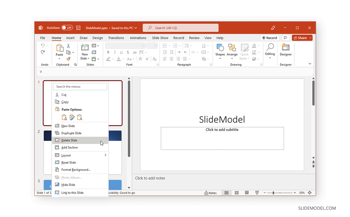 deleting a slide in PowerPoint via menu