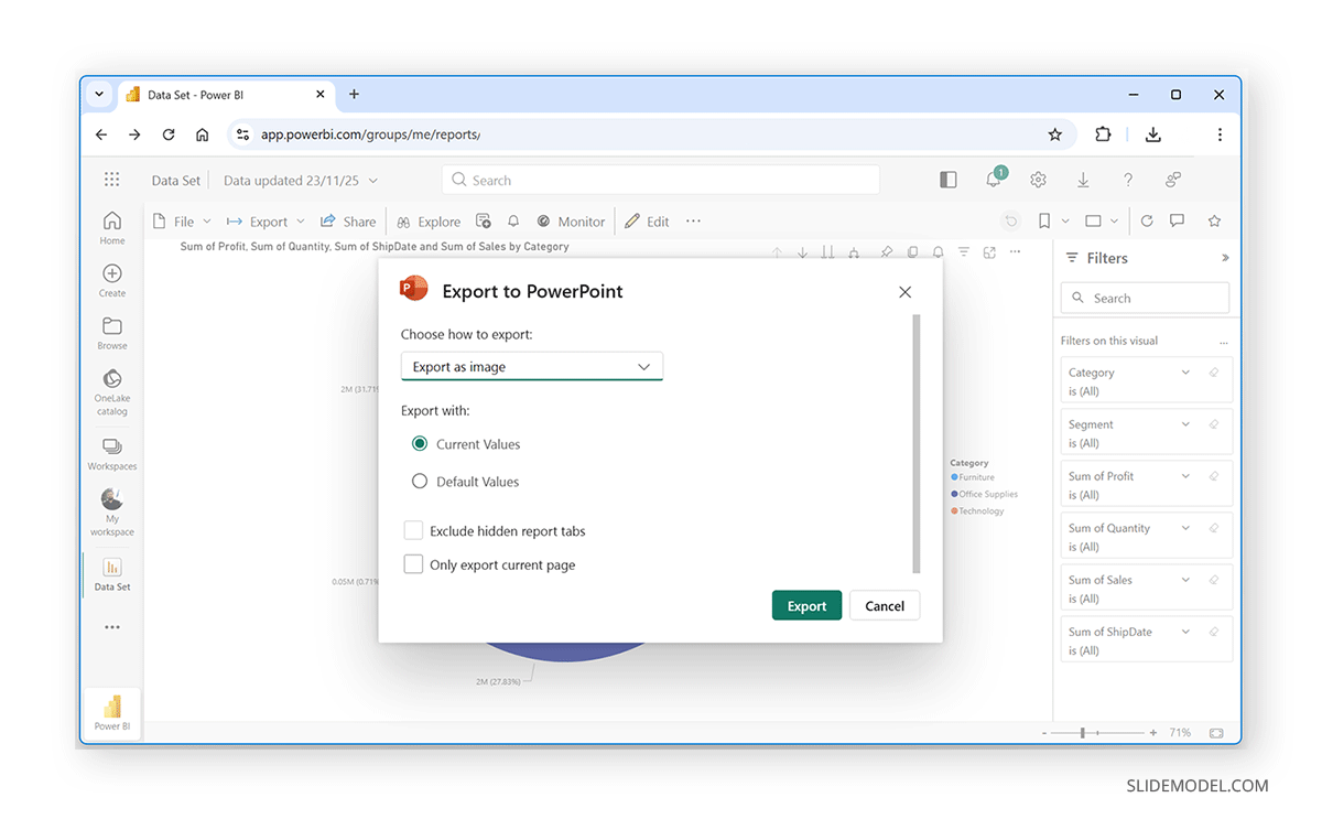 Contextual menu for exporting Power BI to PowerPoint