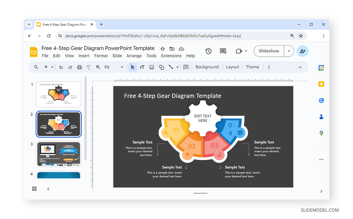 Free 4-step gear diagram template for PowerPoint and Google Slides