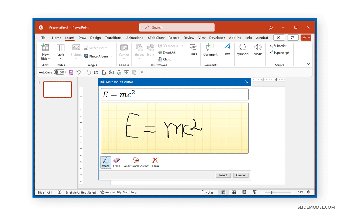 Handwritten input for equations in PowerPoint
