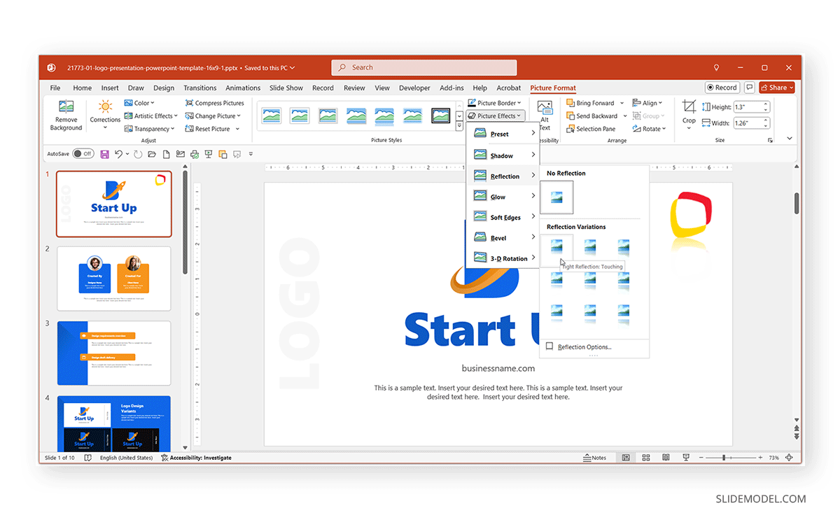 How to work with reflection effect for logos in PPTX