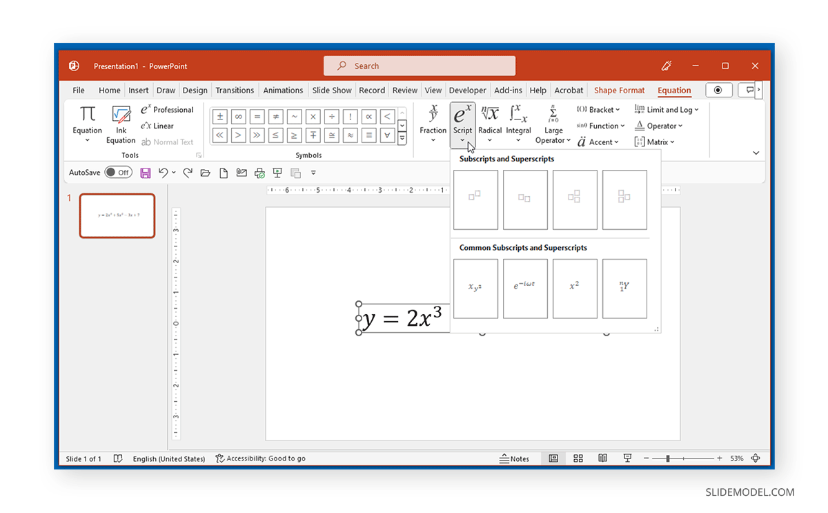 Editing a PowerPoint equation with exponents