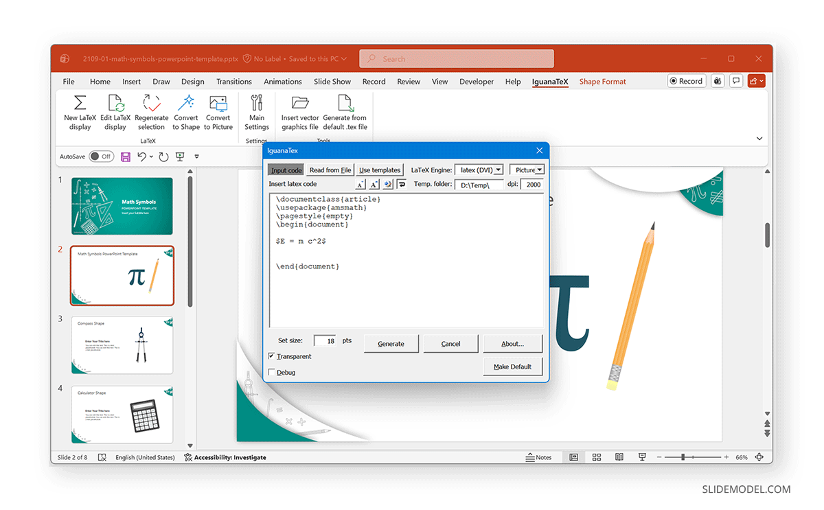 Using the IguanaTeX LaTeX plugin in PowerPoint