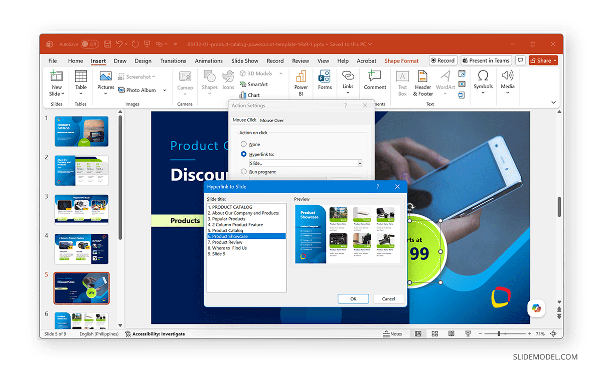 Inserting slide hyperlink