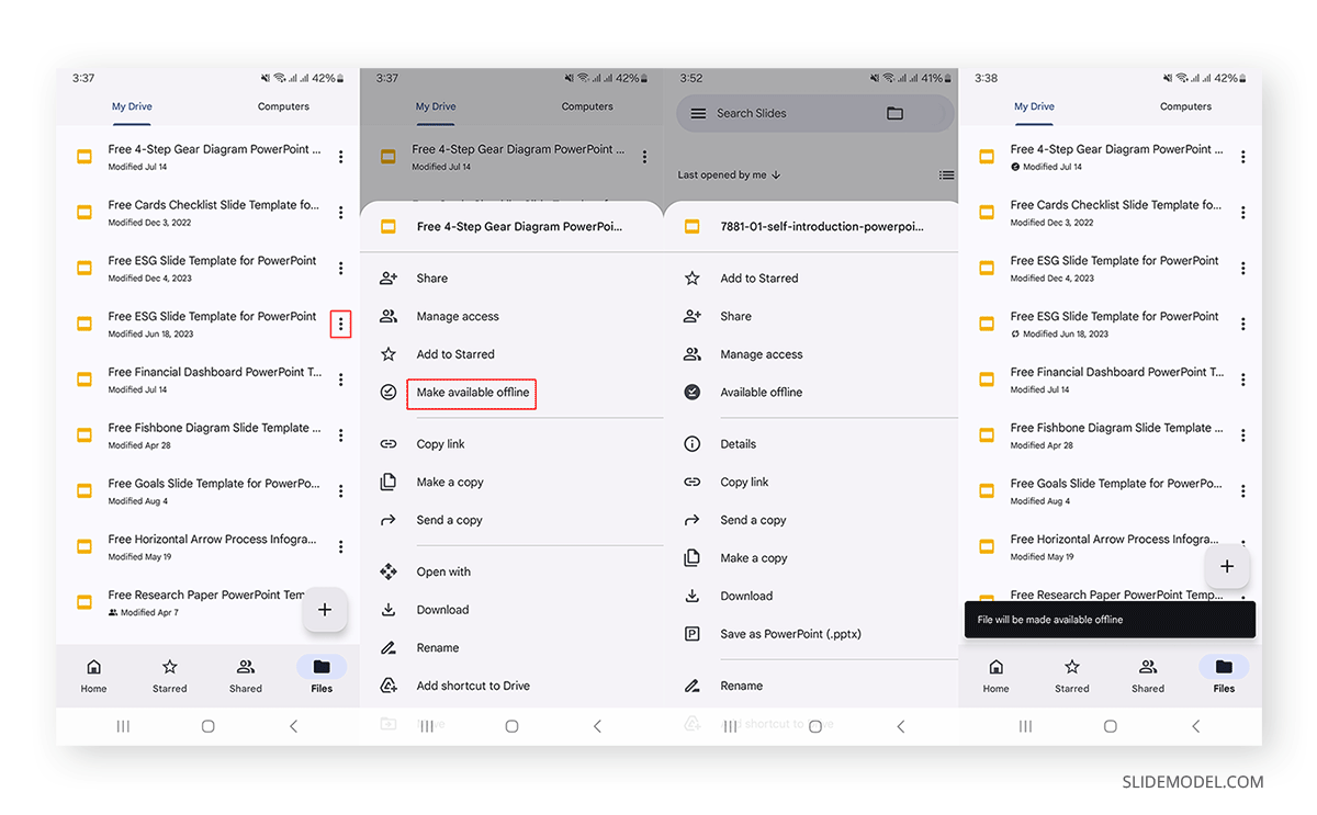 Making one recent file in Google Slides mobile available offline