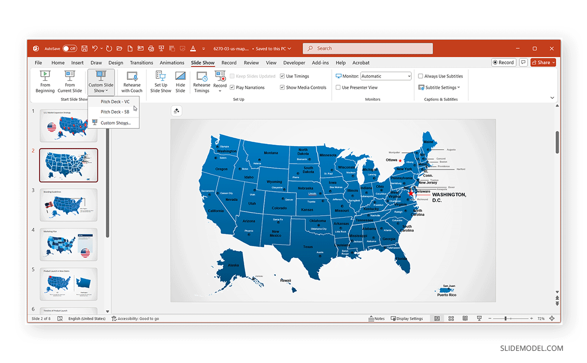Accessing different slide show versions from the Custom Slide Show menu in PowerPoint