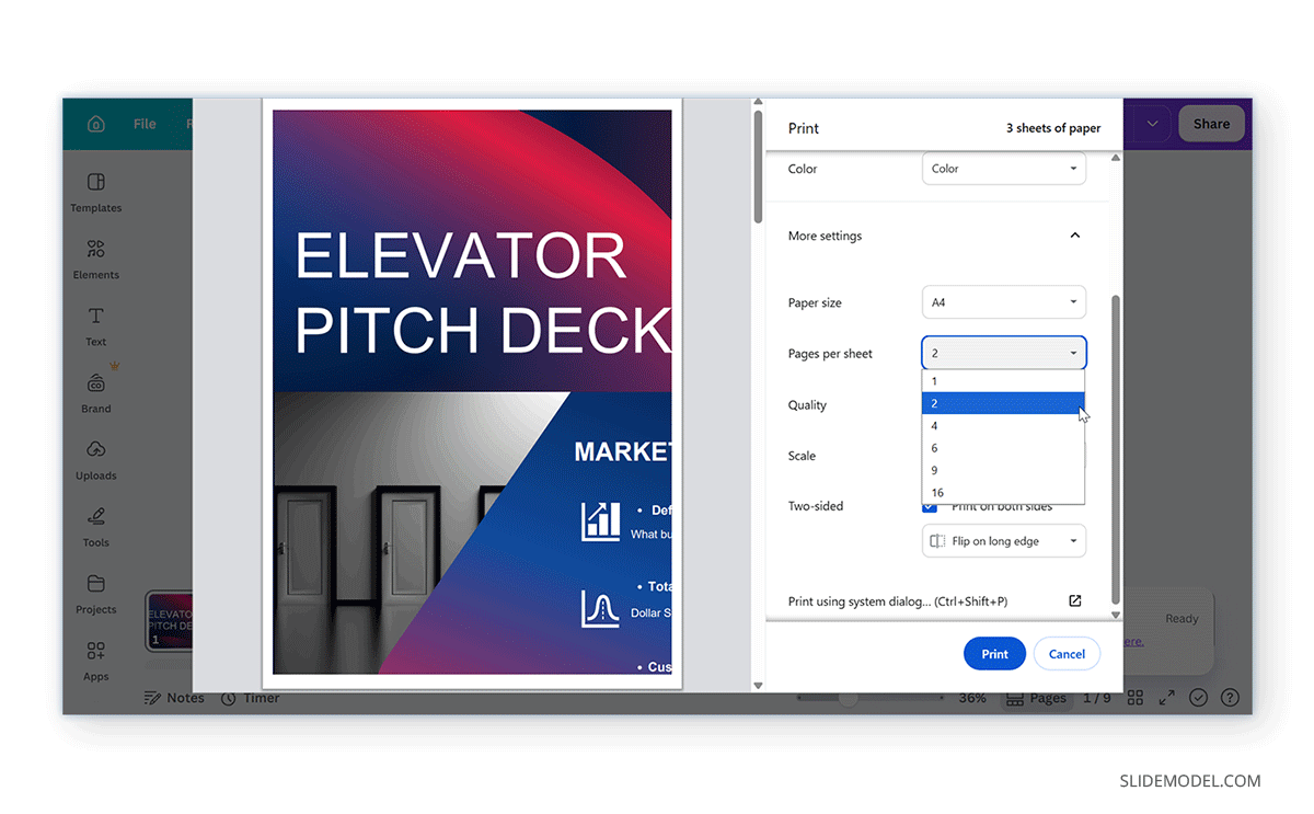 Picking slides to print per page