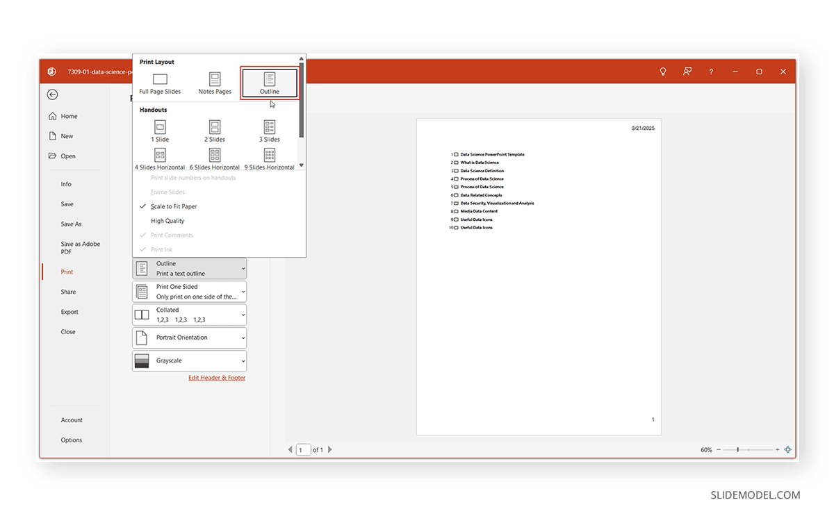 How to print a slide outline in PowerPoint