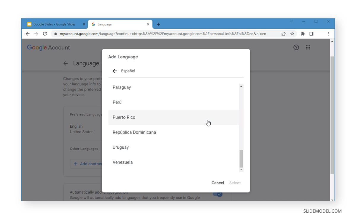 Selecting the language variation in Google Slides for local dialects