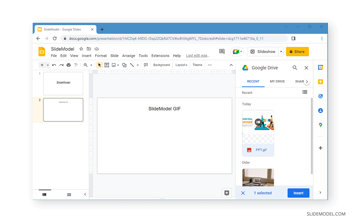 selecting the GIF file from Google Drive to insert into Google Slides presentation