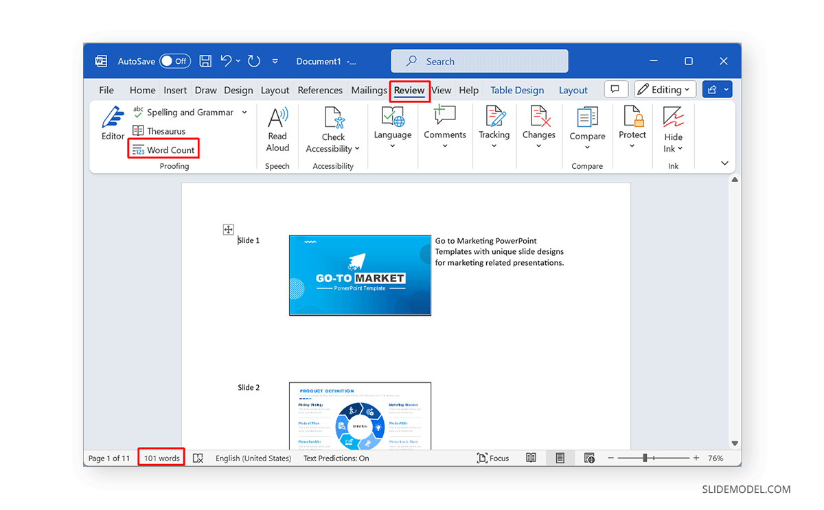 How to check word count for PPT handouts in MS Word