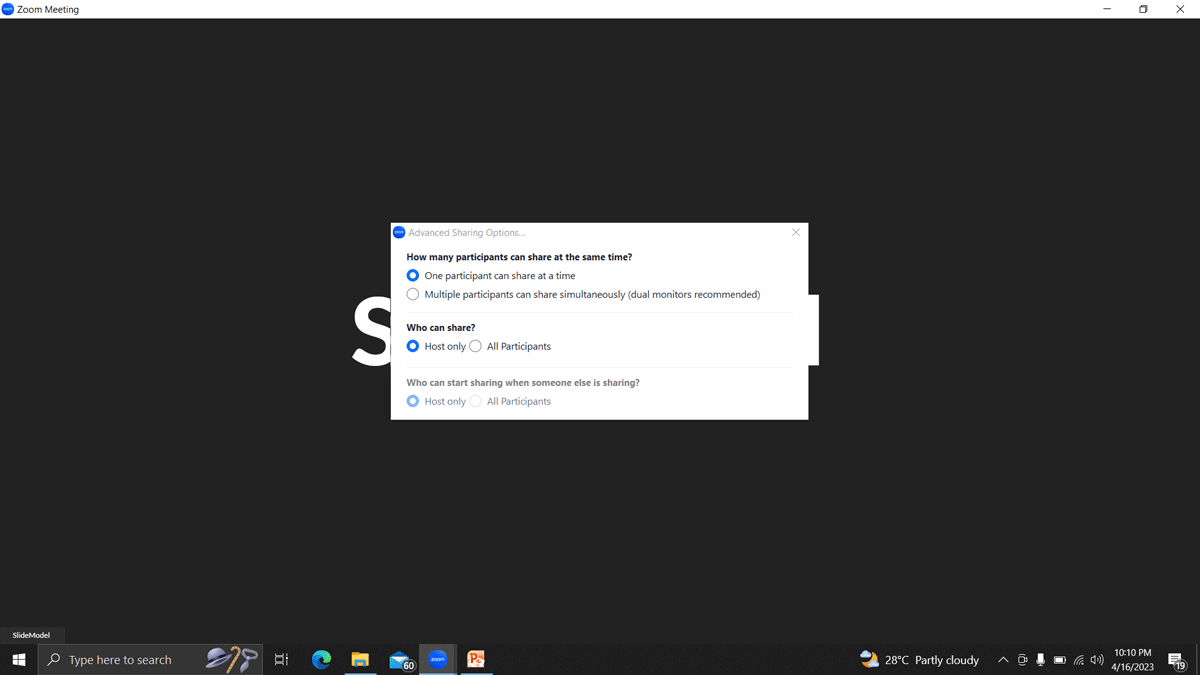 Selecting whom can share screen on Zoom