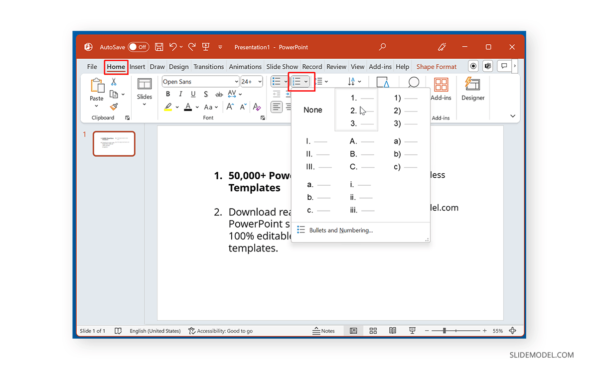 Add numbered list to a column layout in PowerPoint