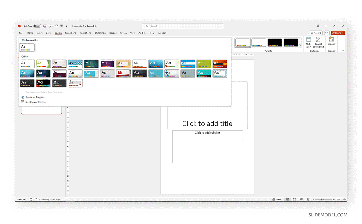 Browsing for more themes in PowerPoint