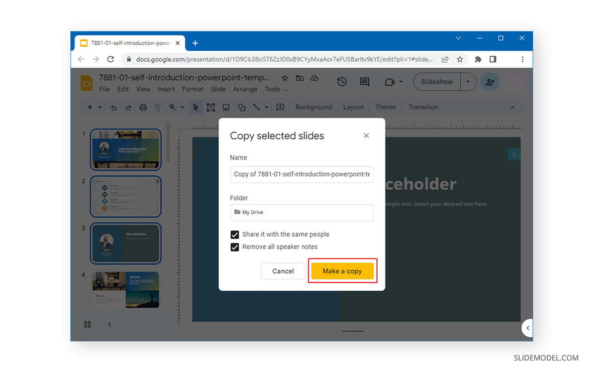 Copy selected slides without speaker notes in Google Slides