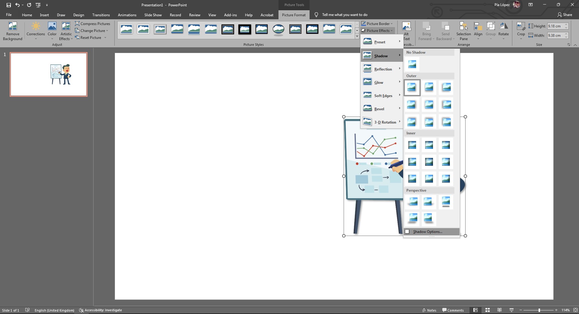 Accessing the Shadow Options panel in PowerPoint