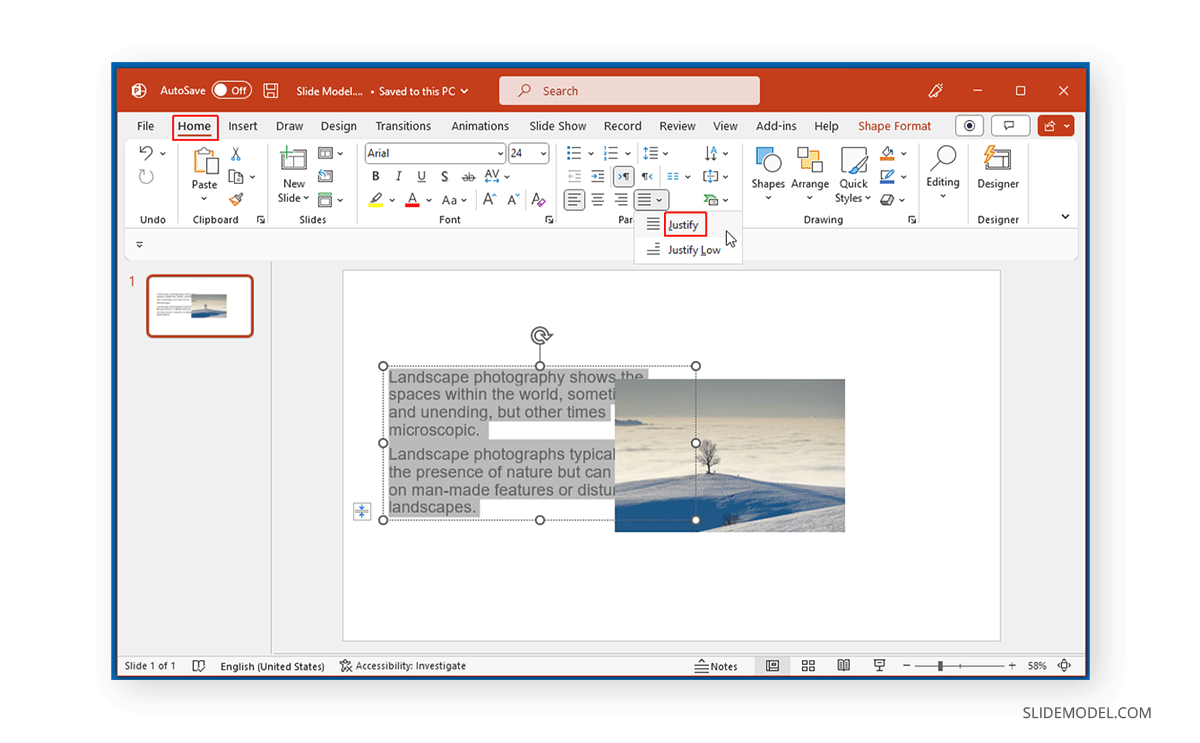 Using Justify to align text to image in PowerPoint