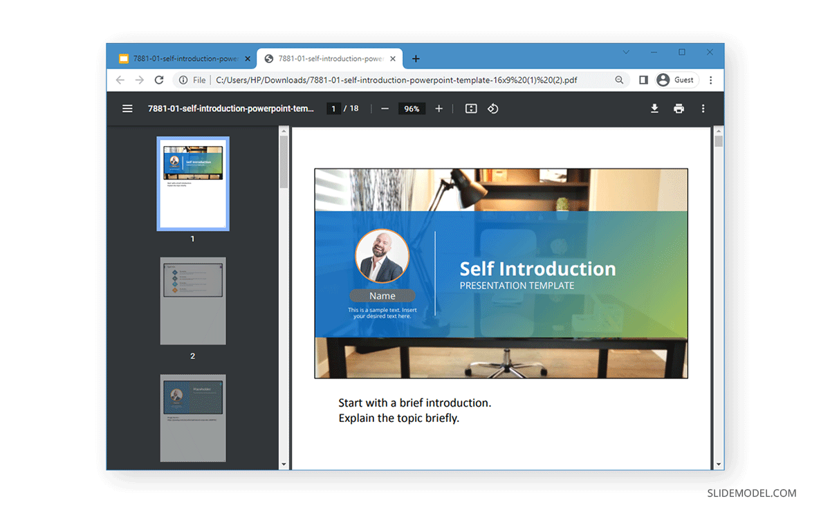 Opened PDF file with speaker notes created from Google Slides