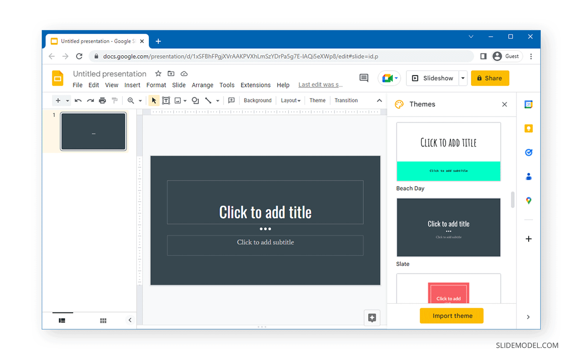 Selecting a theme in Google Slides