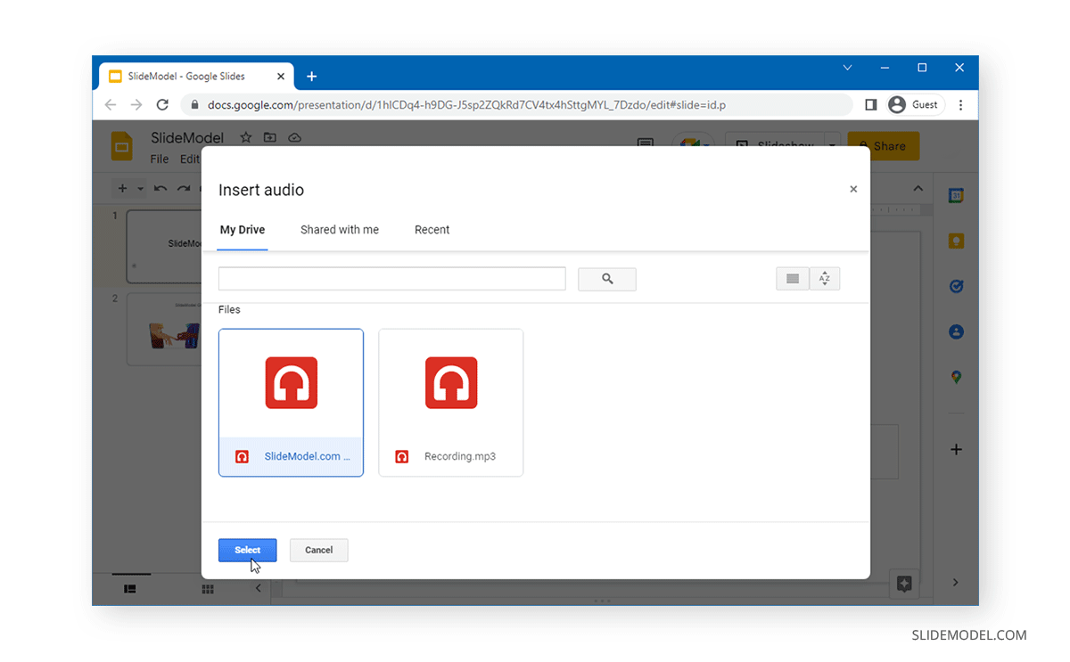 Selecting the audio file to insert in Google Slides