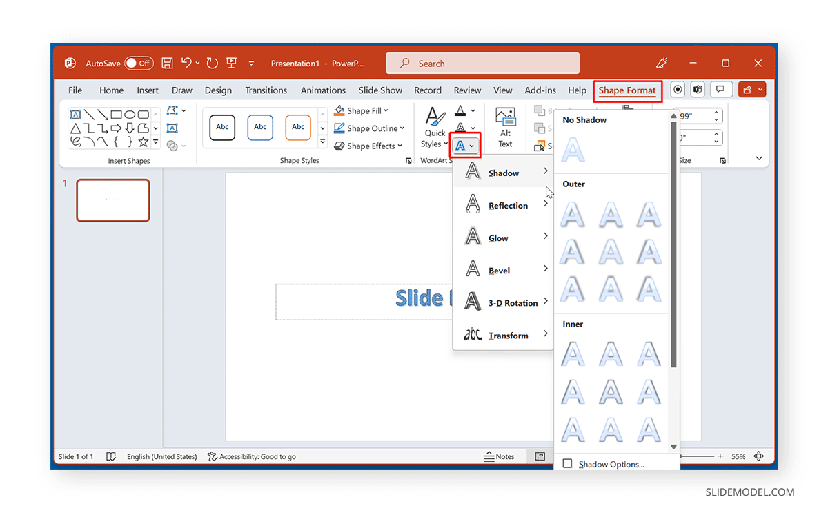 Shadow Effect for WordArt in PowerPoint