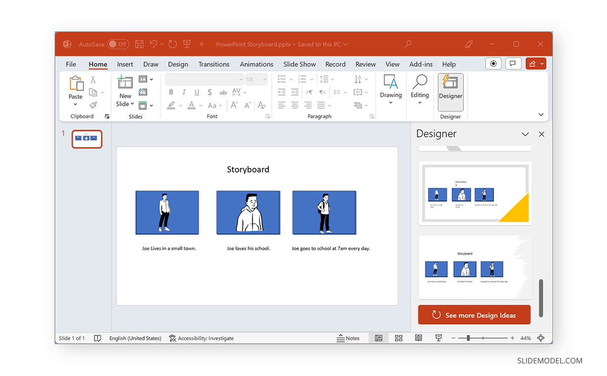 Using PowerPoint Designer to edit storyboard slide