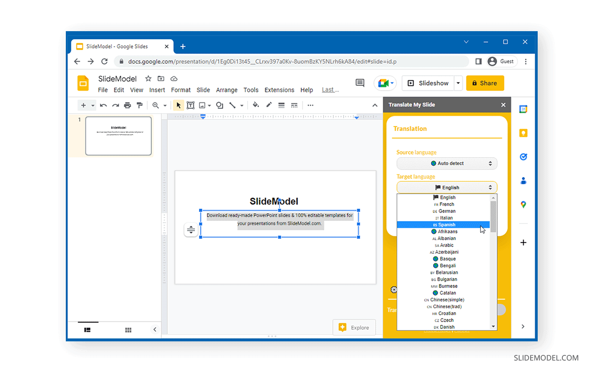 Using Translate My Slides addon in Google Slides - Translate Google Slides from Spanish to English Example