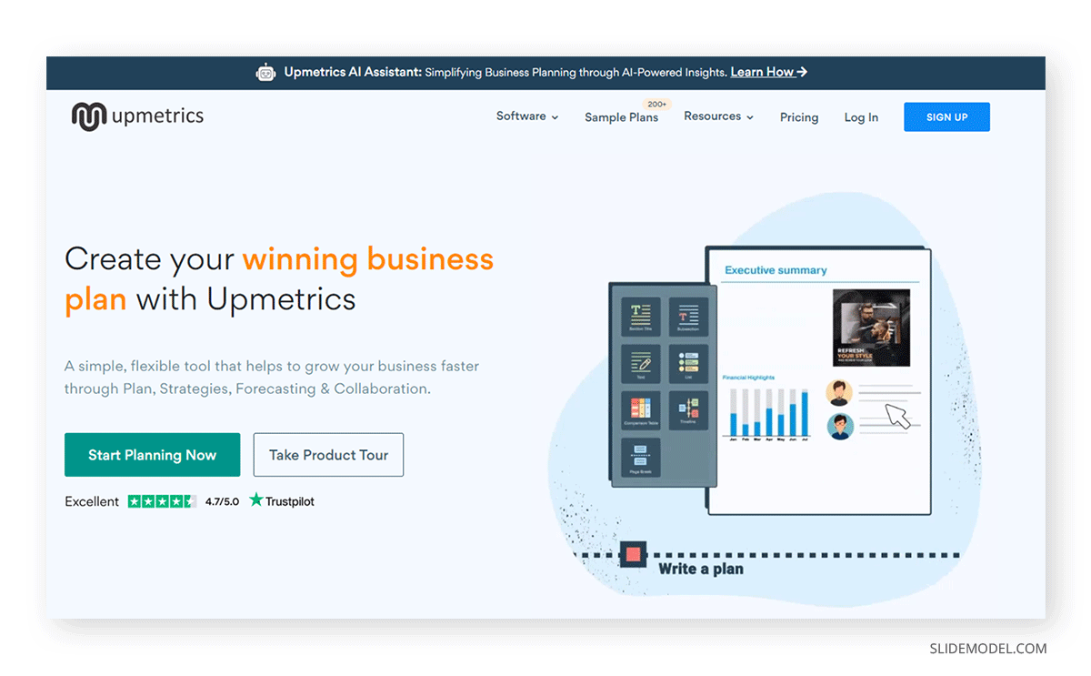 Upmetrics tool for business plan presentations