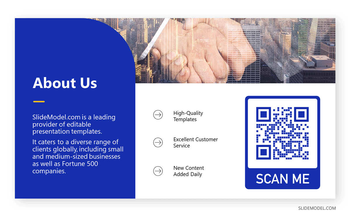 About Us slide featuring a QR code