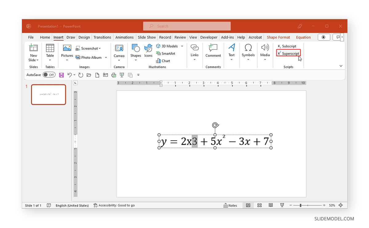Enabling superscript to create exponents in PowerPoint equation