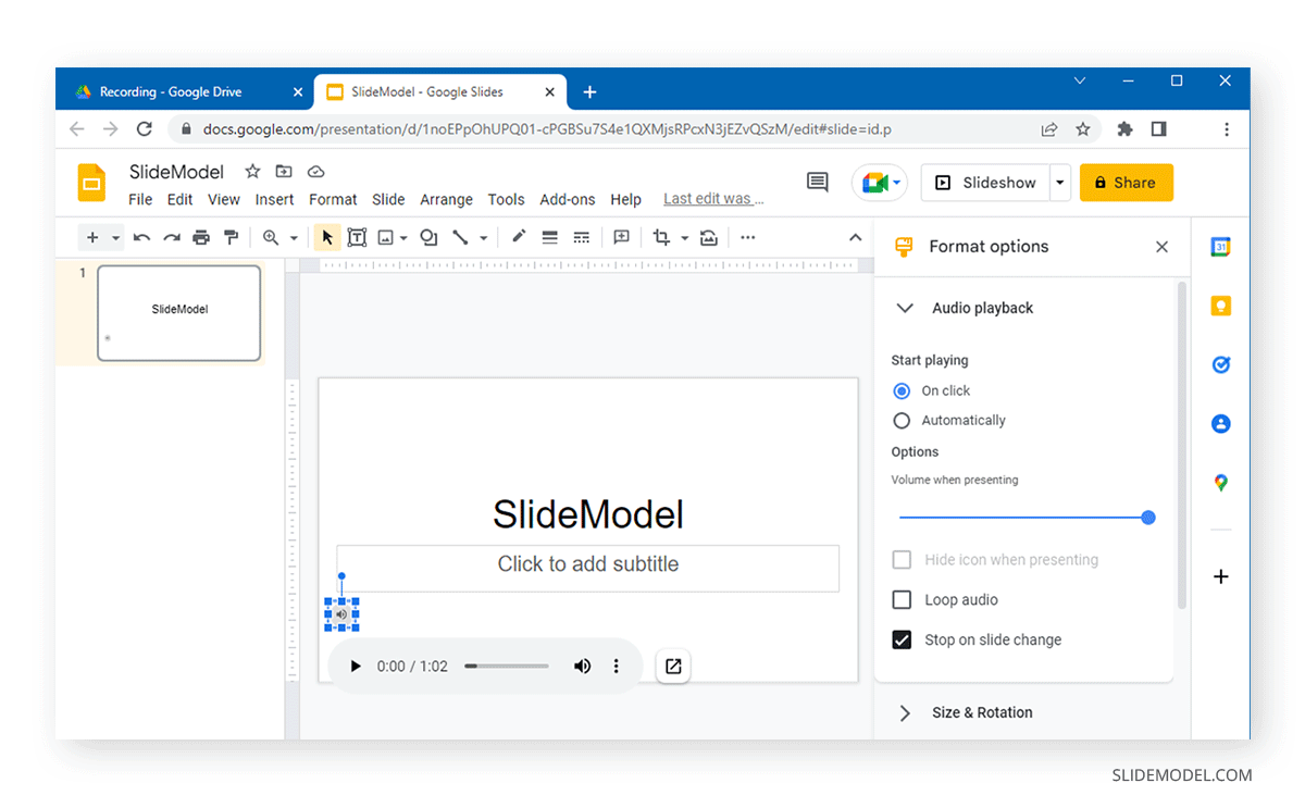 audio playback settings on Google Slides