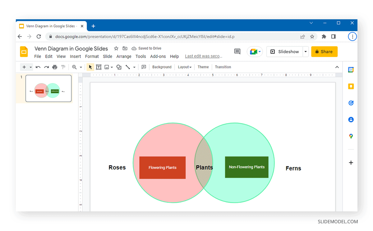 a completed example of how to make venn diagrams in google slides using the diagram tool