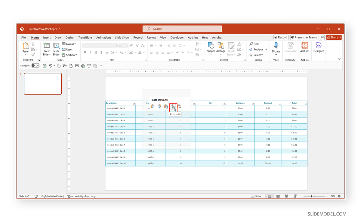 Pasted Excel table in PowerPoint using Paste as Picture option